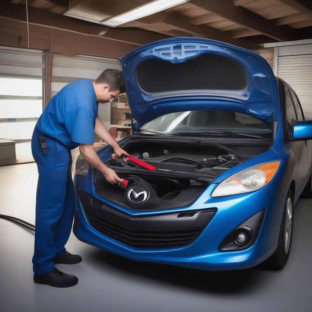 Mechanic using an OBD-II scanner to diagnose a car problem